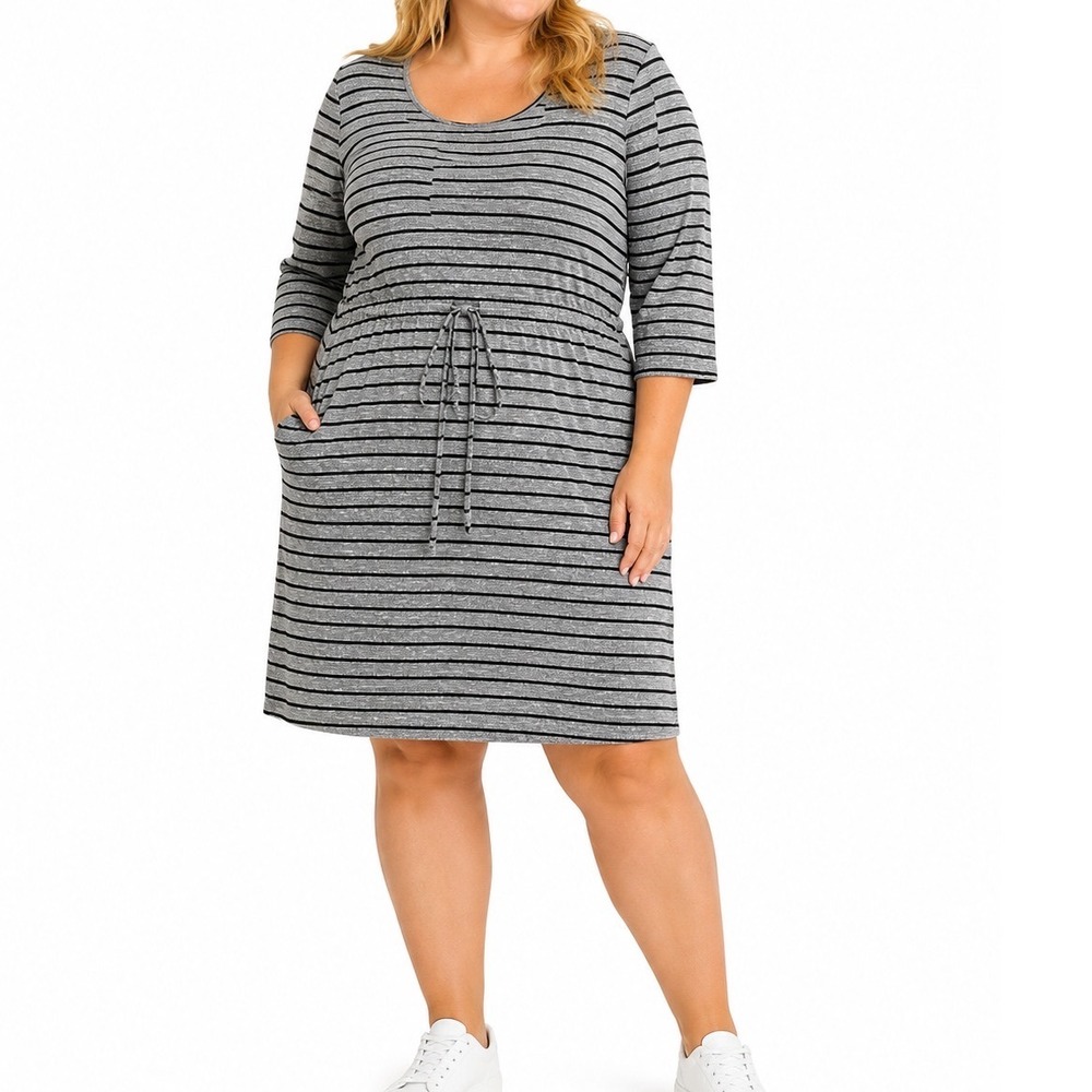Faded Glory Womens XXL 20 Grey Striped Knit Dress 3/4 Sleeve Drawstring Waist